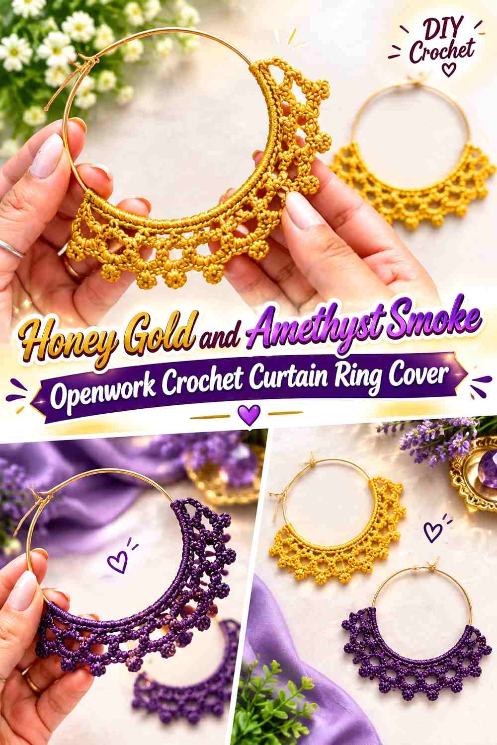Honey Gold and Amethyst Smoke Openwork Crochet Curtain Ring Cover