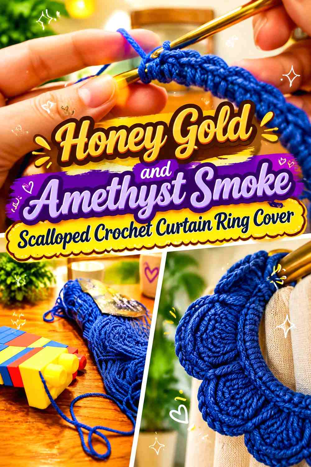 Honey Gold and Amethyst Smoke Scalloped Crochet Curtain Ring Cover