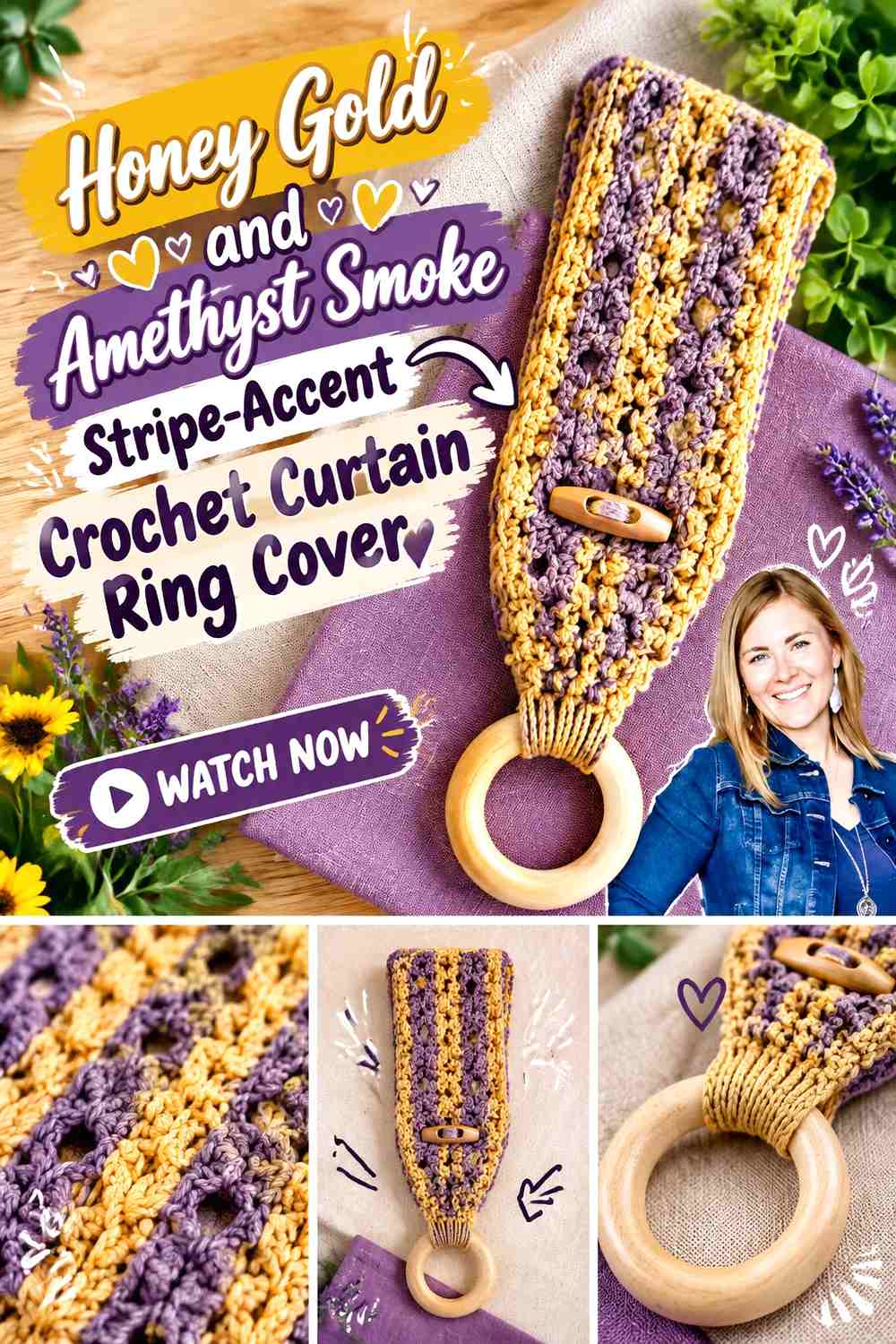 Honey Gold and Amethyst Smoke Stripe Accent Crochet Curtain Ring Cover