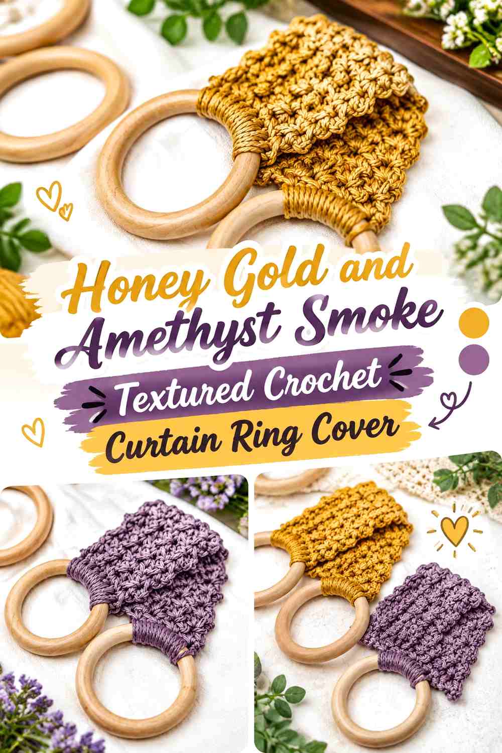 Honey Gold and Amethyst Smoke Textured Crochet Curtain Ring Cover