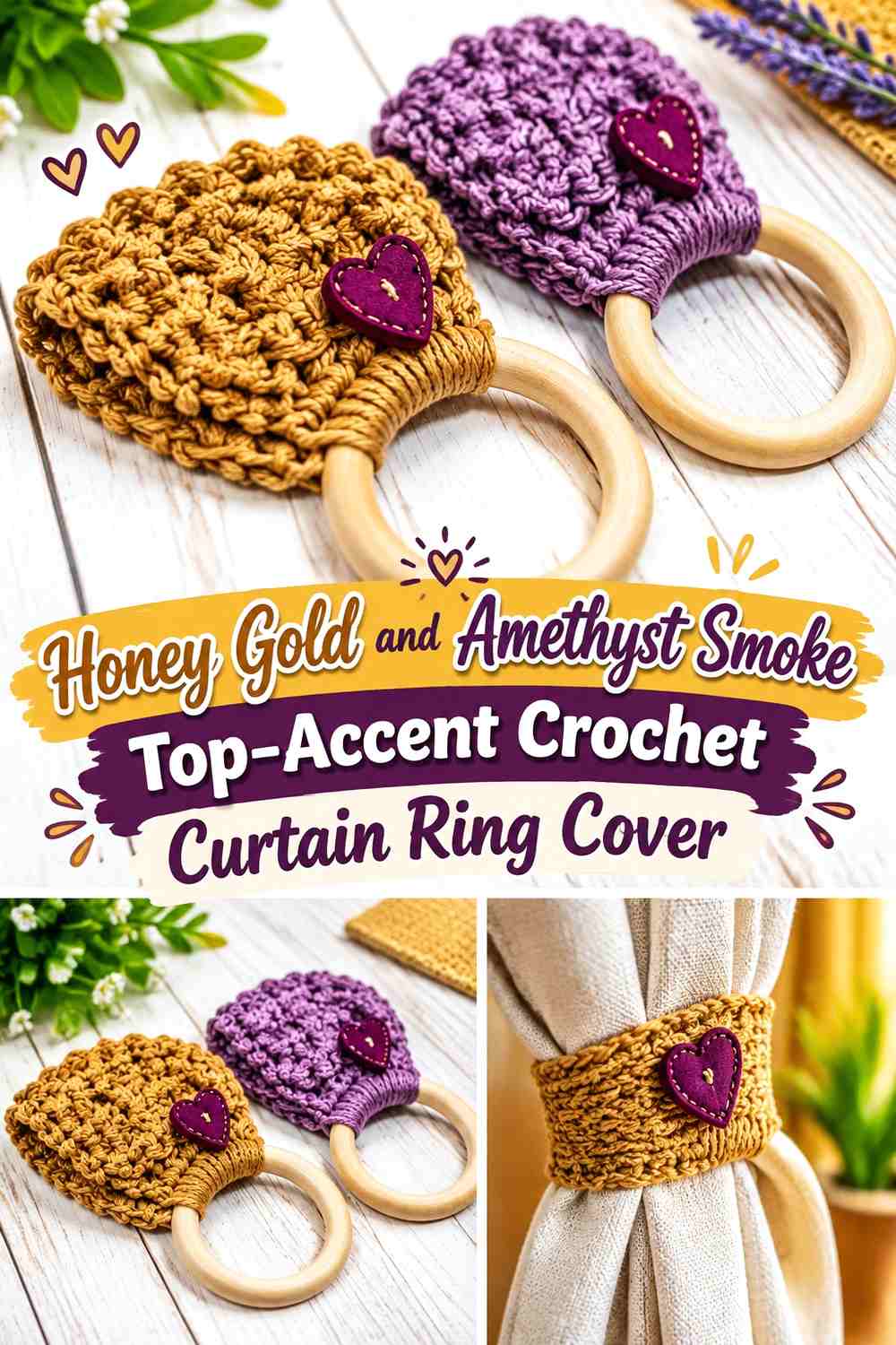 Honey Gold and Amethyst Smoke Top Accent Crochet Curtain Ring Cover