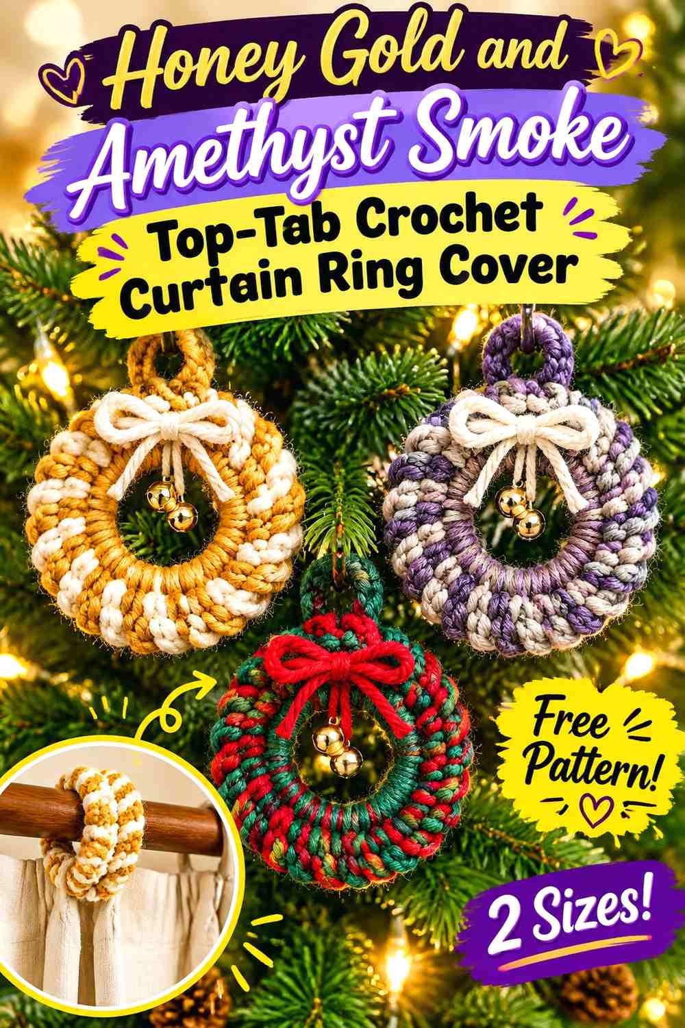 Honey Gold and Amethyst Smoke Top Tab Crochet Curtain Ring Cover