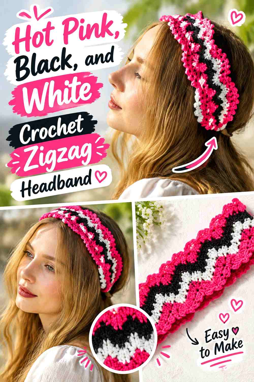 Hot Pink, Black, and White Crochet Zigzag Headband