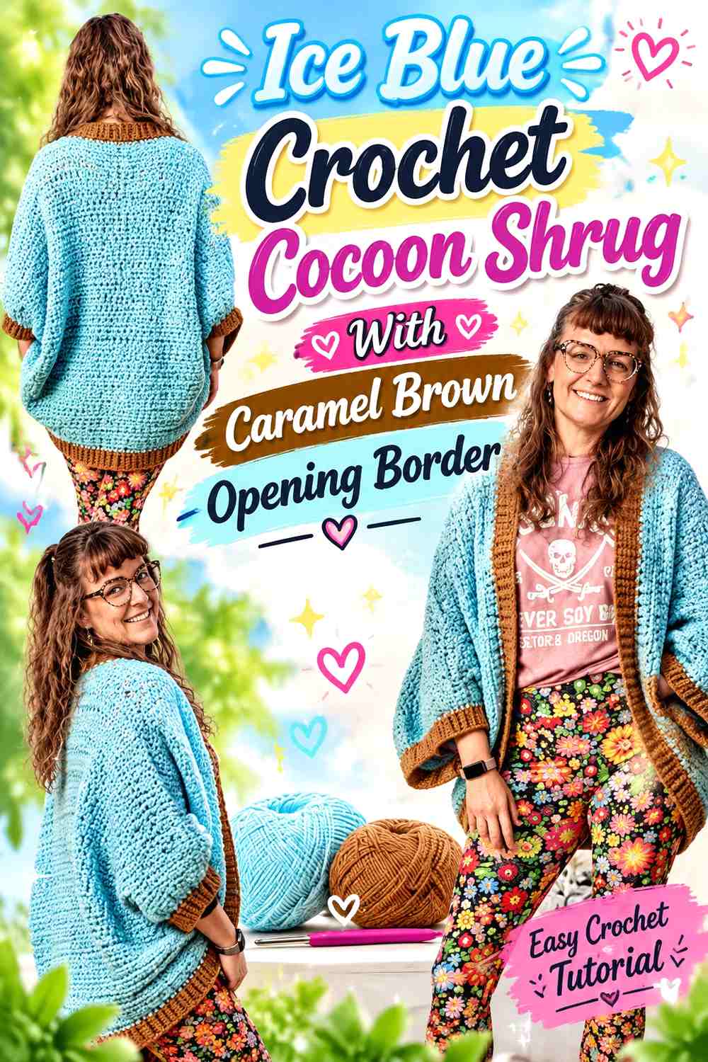 Ice Blue Crochet Cocoon Shrug With Caramel Brown Opening Border