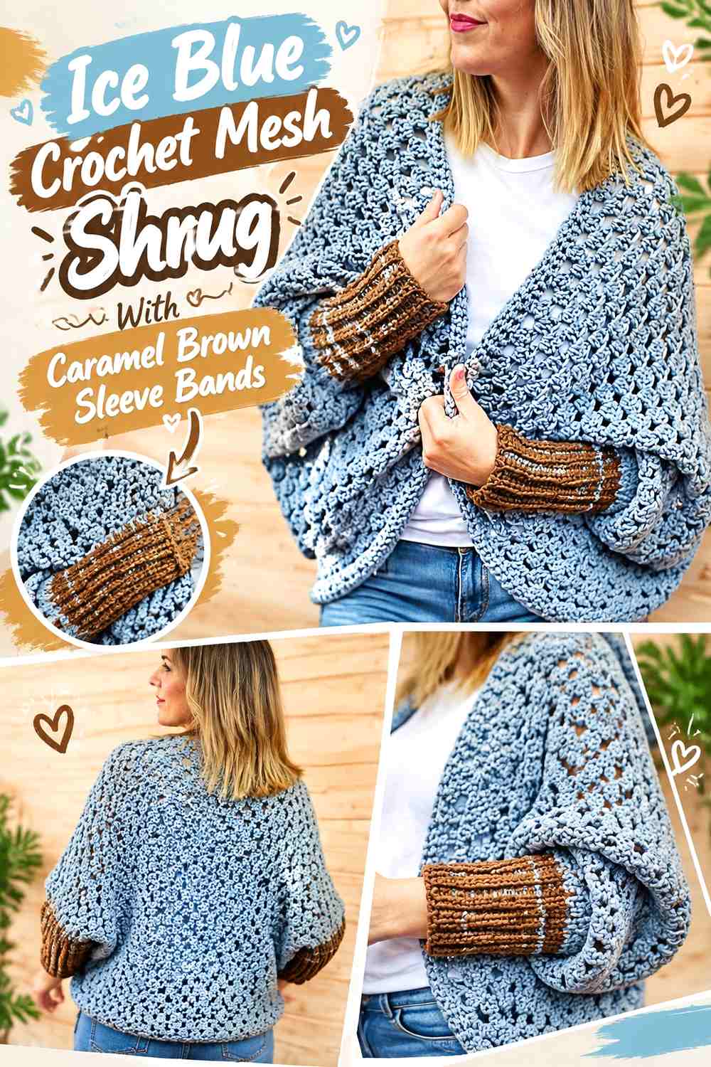 Ice Blue Crochet Mesh Shrug With Caramel Brown Sleeve Bands