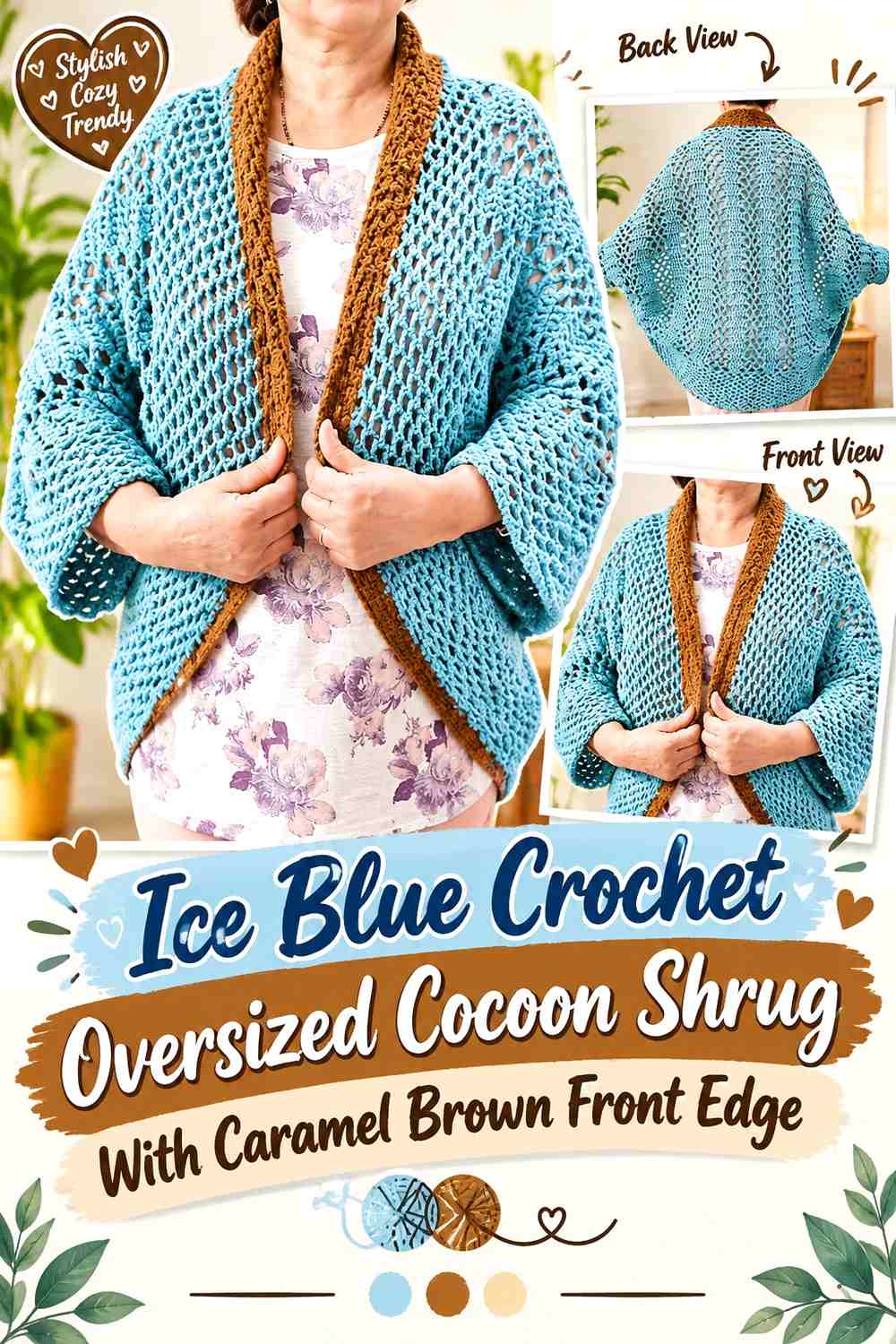 Ice Blue Crochet Oversized Cocoon Shrug With Caramel Brown Front Edge