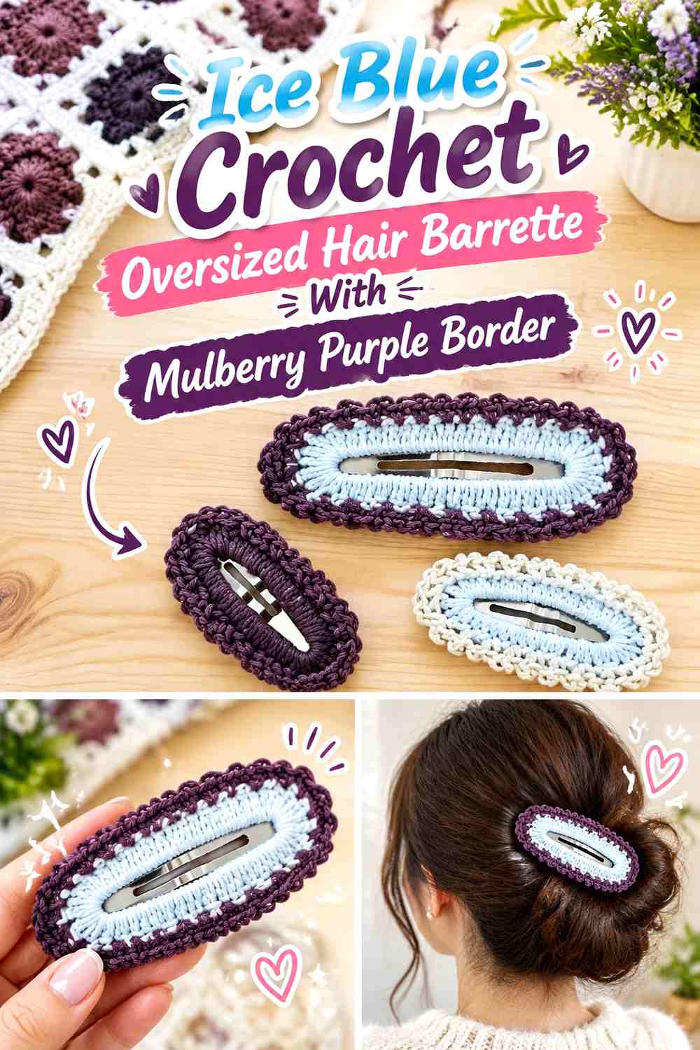 Ice Blue Crochet Oversized Hair Barrette With Mulberry Purple Border