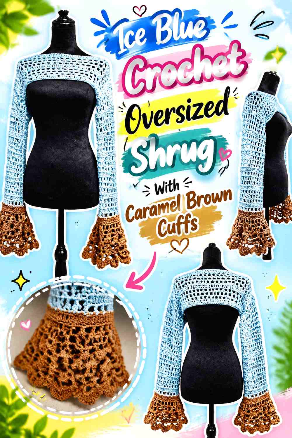 Ice Blue Crochet Oversized Shrug With Caramel Brown Cuffs