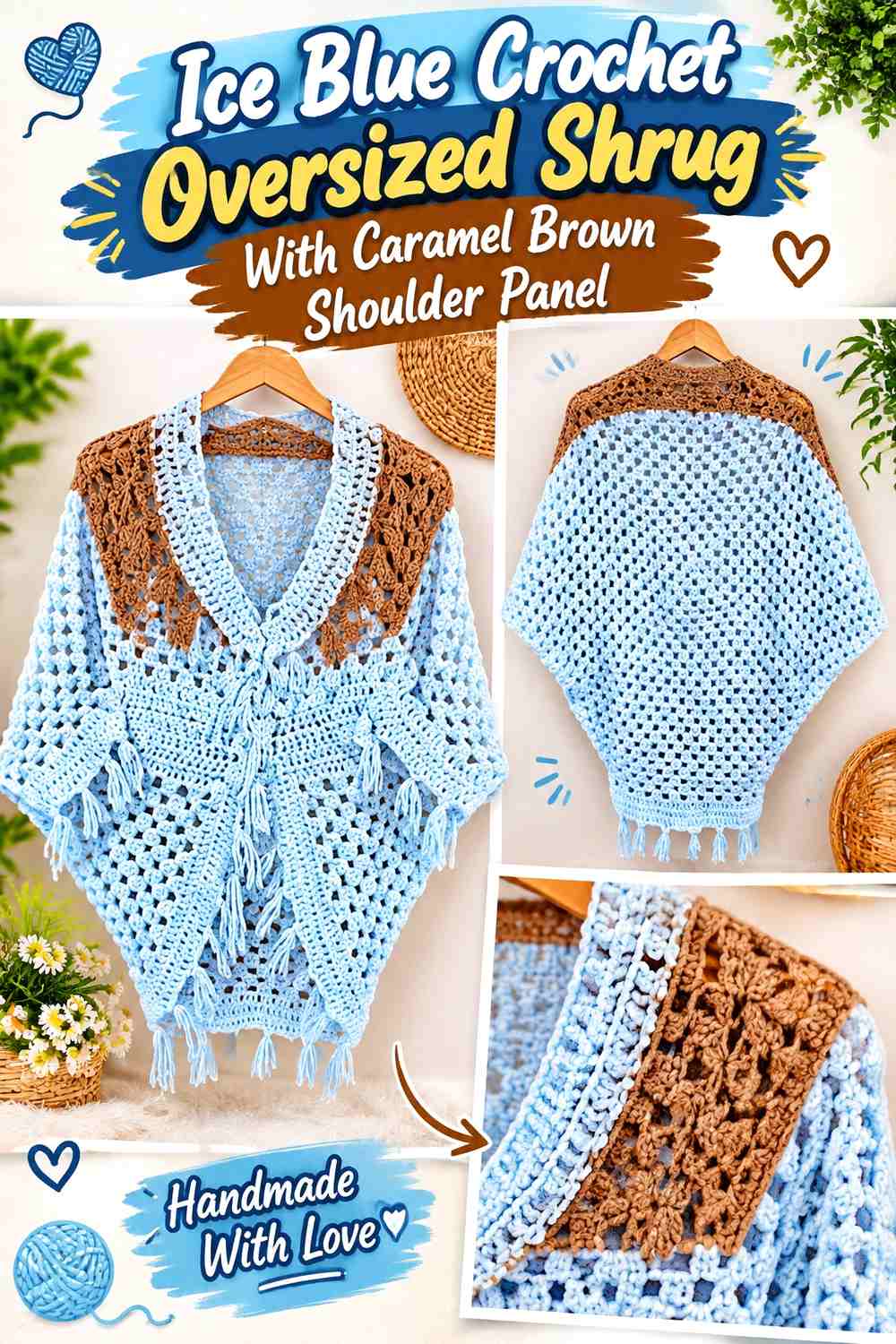 Ice Blue Crochet Oversized Shrug With Caramel Brown Shoulder Panel