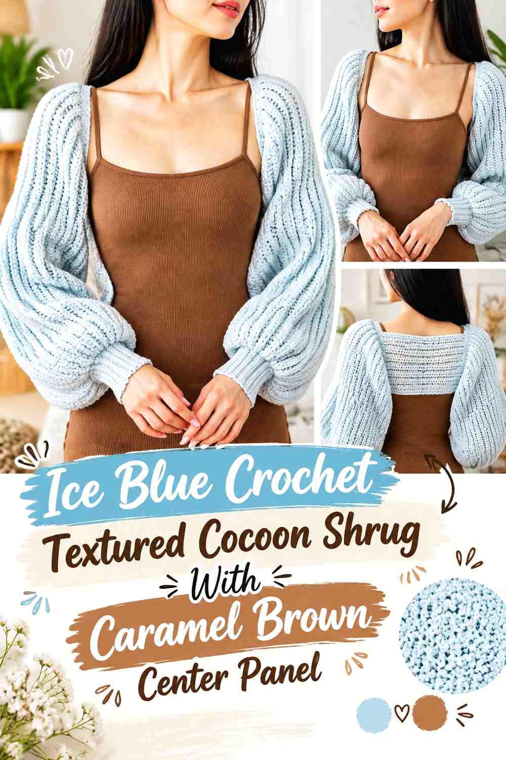 Ice Blue Crochet Textured Cocoon Shrug With Caramel Brown Center Panel