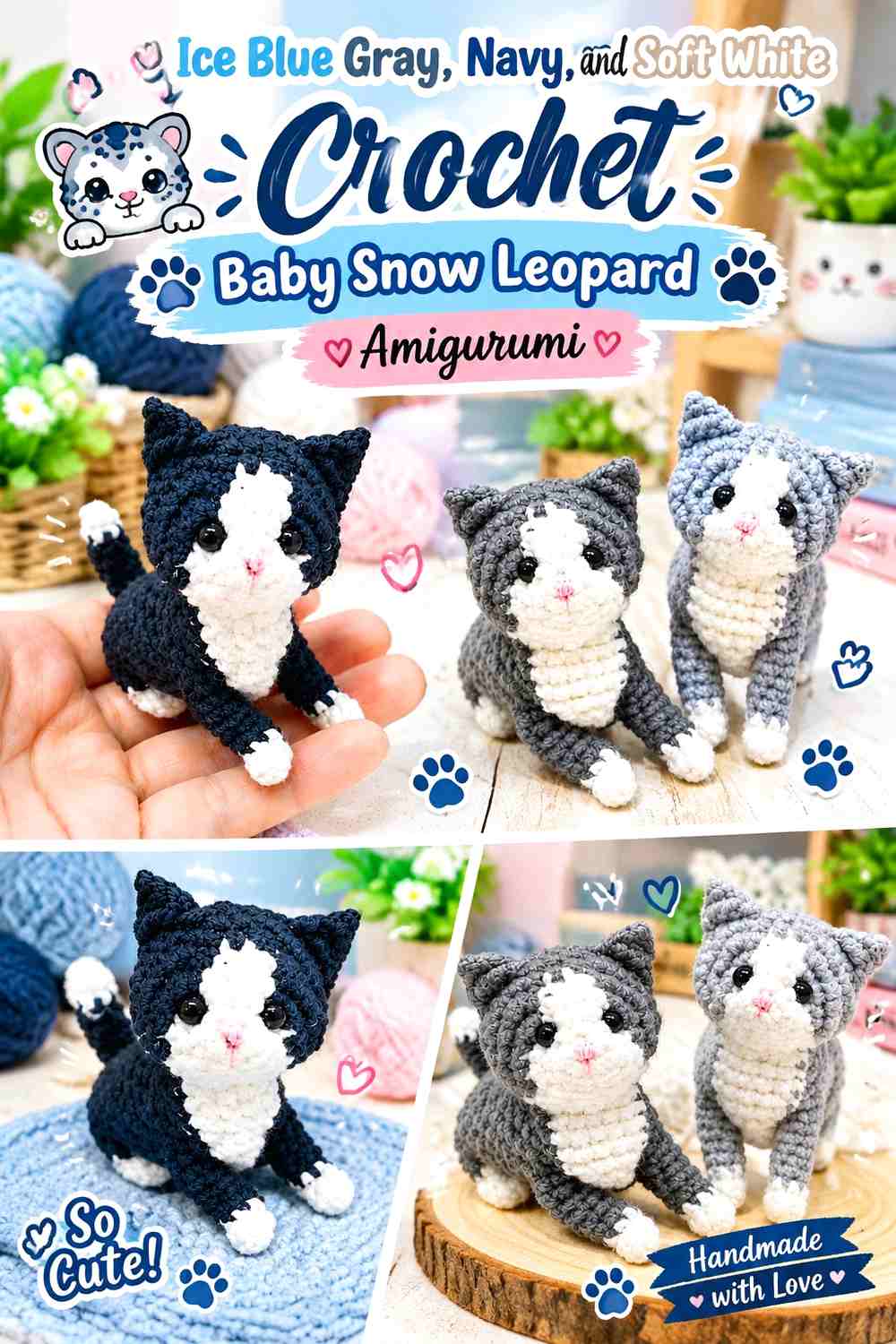 Ice Blue Gray, Navy, and Soft White Crochet Baby Snow Leopard Amigurumi