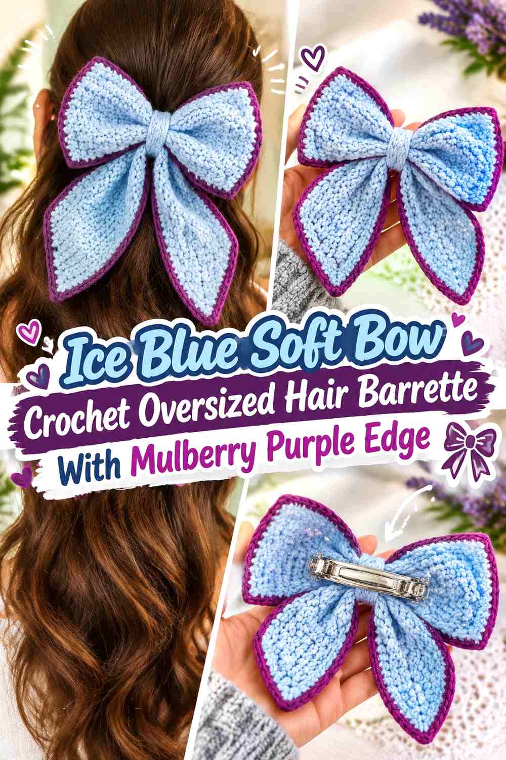 Ice Blue Soft Bow Crochet Oversized Hair Barrette With Mulberry Purple Edge