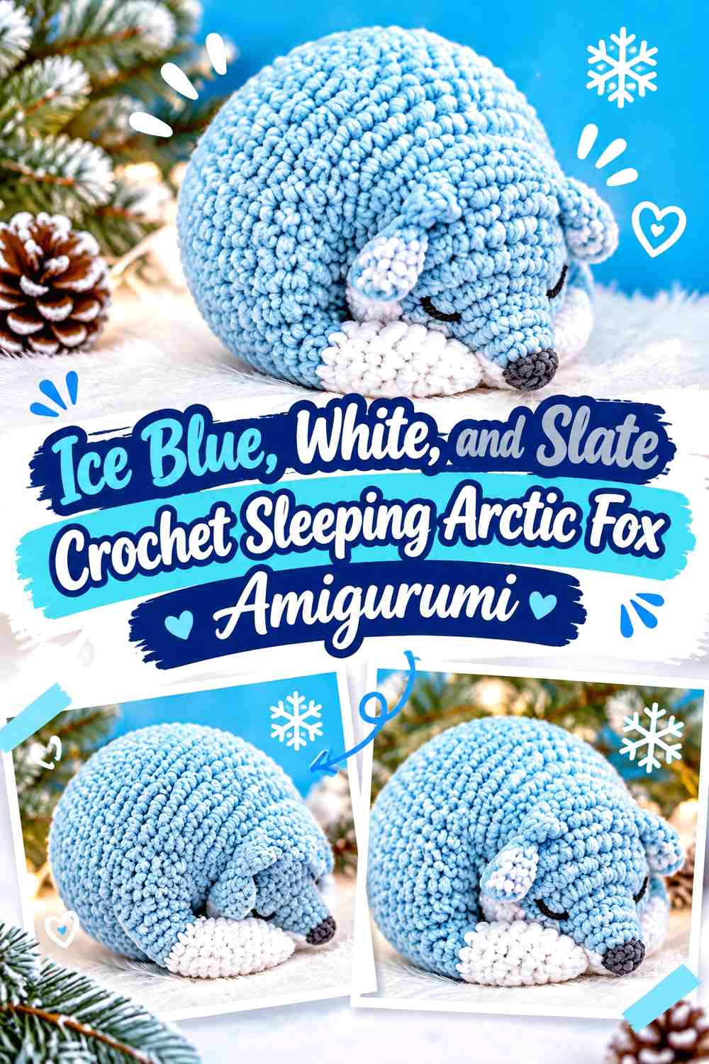 Ice Blue, White, and Slate Crochet Sleeping Arctic Fox Amigurumi
