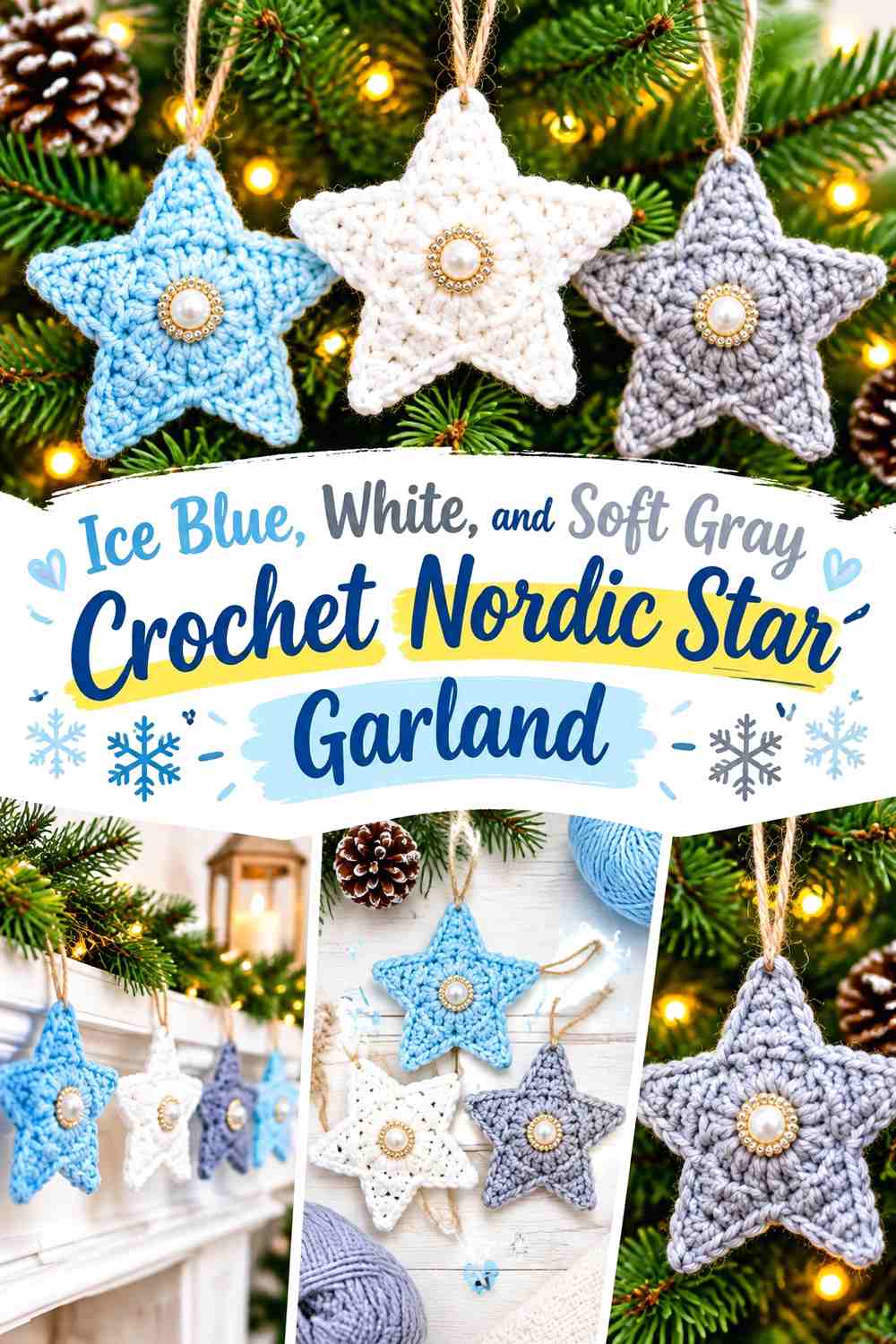 Ice Blue, White, and Soft Gray Crochet Nordic Star Garland