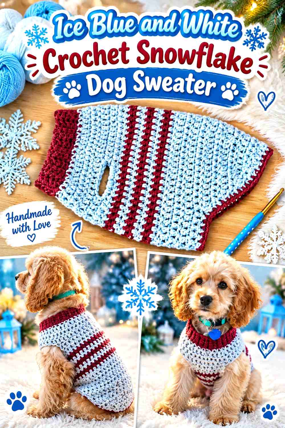 Ice Blue and White Crochet Snowflake Dog Sweater