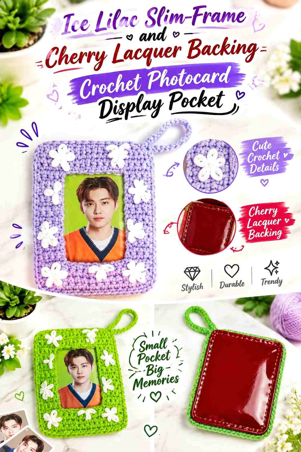 Ice Lilac Slim-Frame and Cherry Lacquer Backing Crochet Photocard Display Pocket