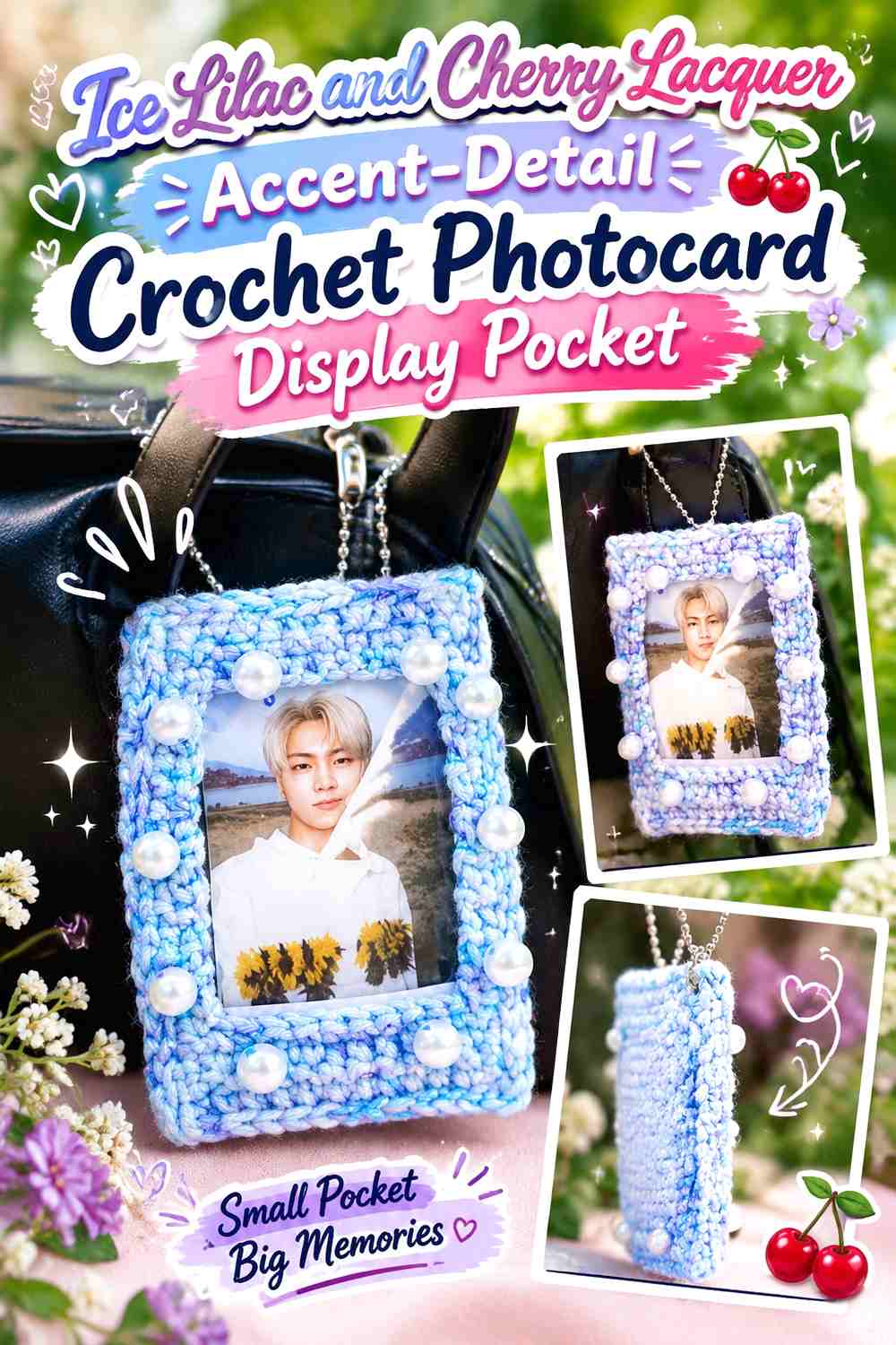 Ice Lilac and Cherry Lacquer Accent-Detail Crochet Photocard Display Pocket