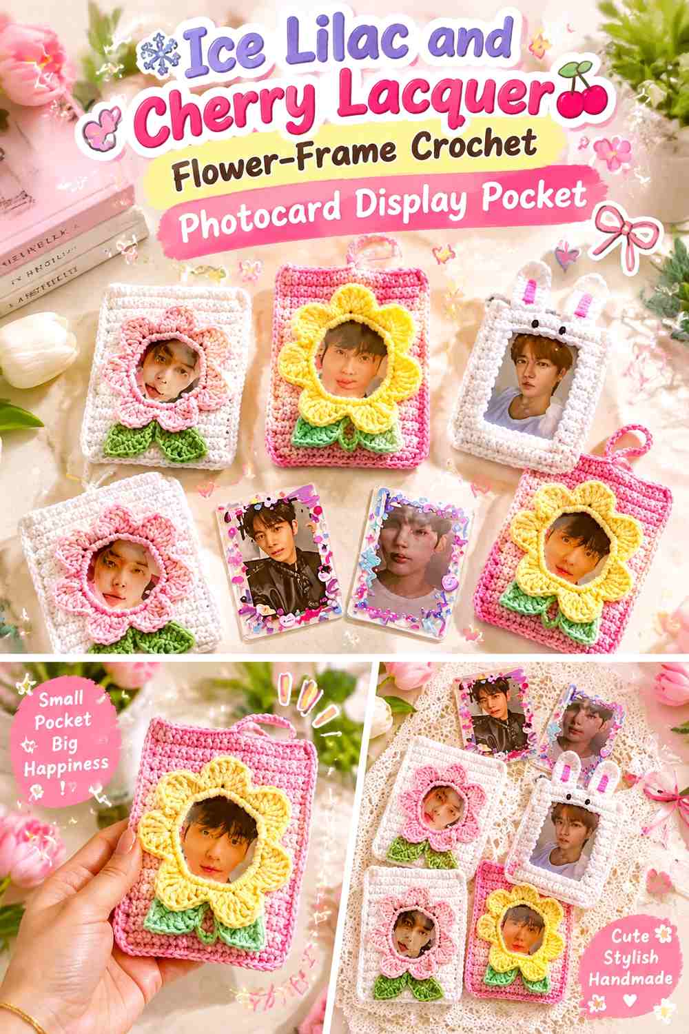 Ice Lilac and Cherry Lacquer Flower-Frame Crochet Photocard Display Pocket