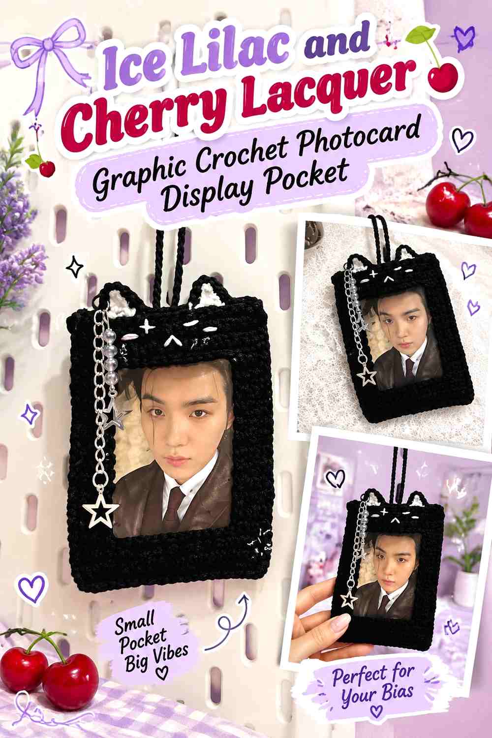 Ice Lilac and Cherry Lacquer Graphic Crochet Photocard Display Pocket