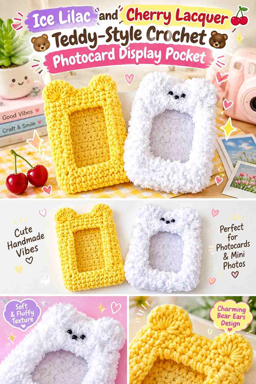 Ice Lilac and Cherry Lacquer Teddy-Style Crochet Photocard Display Pocket