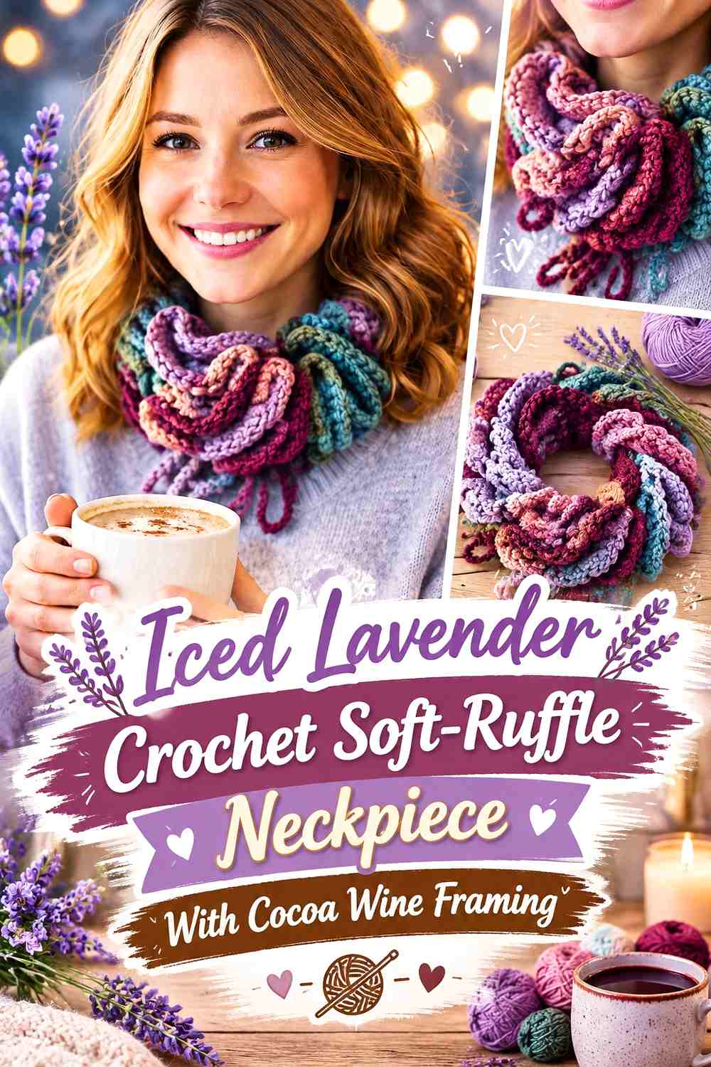 Iced Lavender Crochet Soft-Ruffle Neckpiece With Cocoa Wine Framing