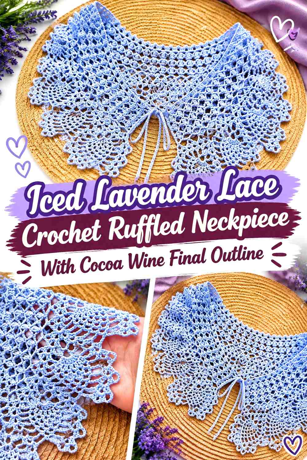 Iced Lavender Lace Crochet Ruffled Neckpiece With Cocoa Wine Final Outline