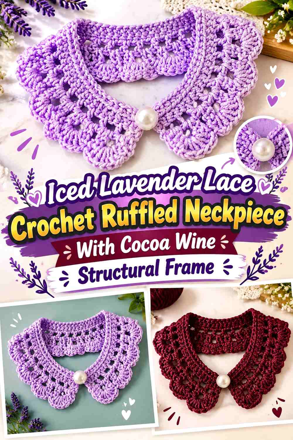 Iced Lavender Lace Crochet Ruffled Neckpiece With Cocoa Wine Structural Frame