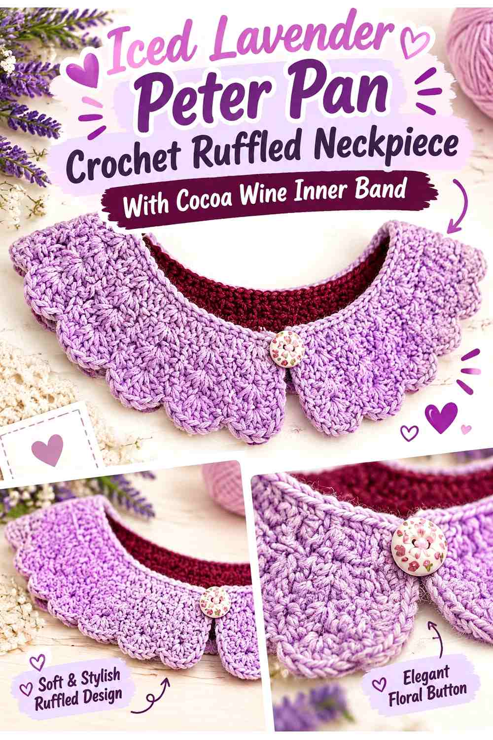 Iced Lavender Peter Pan Crochet Ruffled Neckpiece With Cocoa Wine Inner Band
