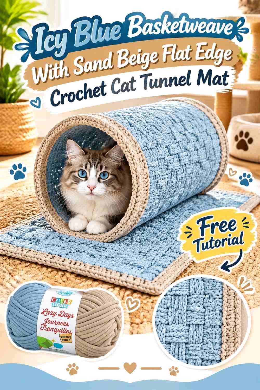Icy Blue Basketweave With Sand Beige Flat Edge Crochet Cat Tunnel Mat