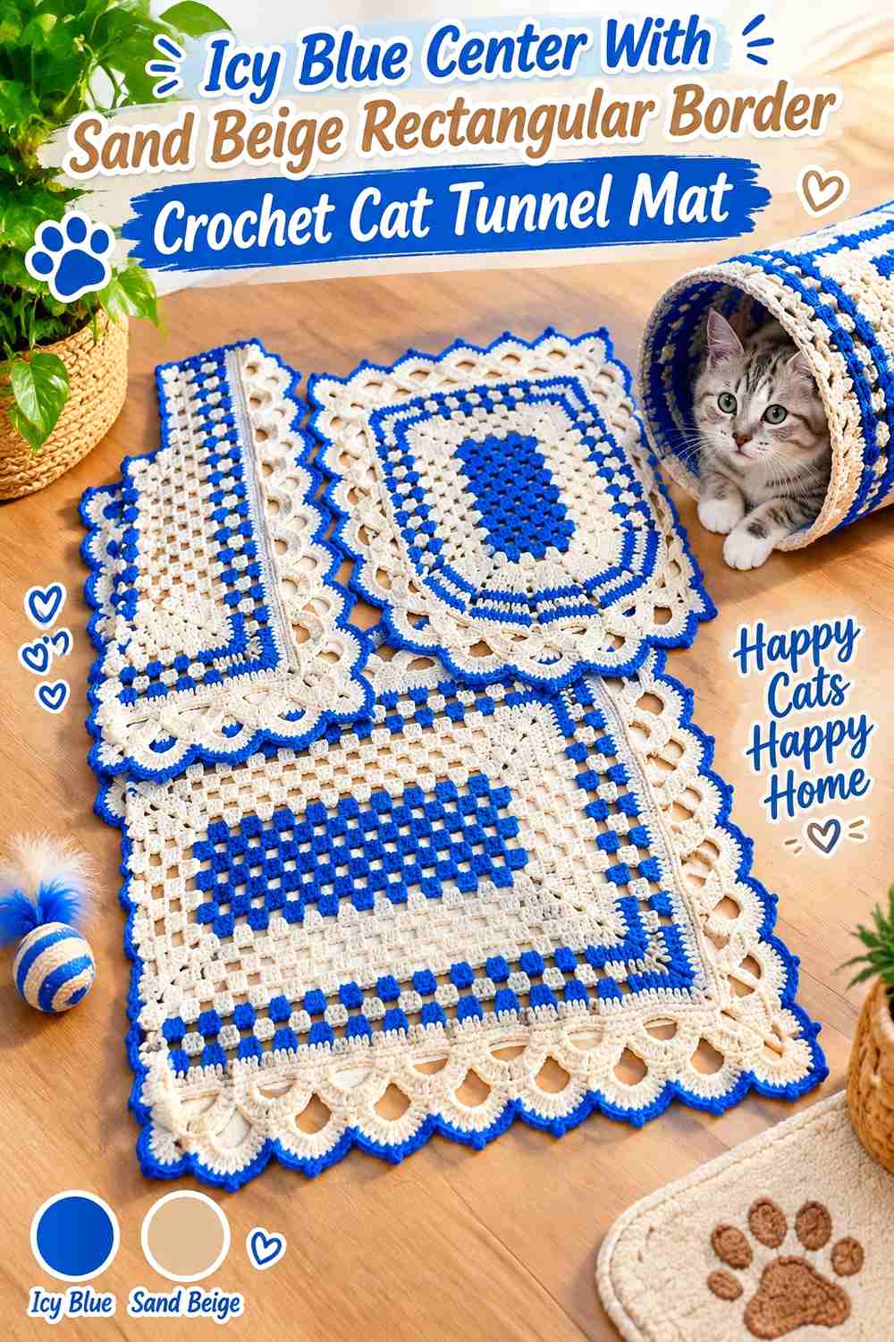 Icy Blue Center With Sand Beige Rectangular Border Crochet Cat Tunnel Mat