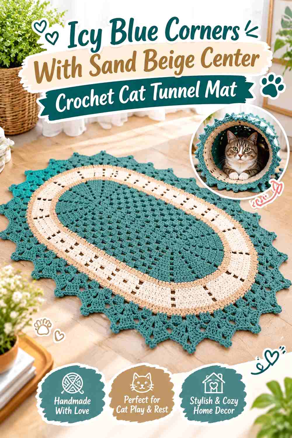 Icy Blue Corners With Sand Beige Center Crochet Cat Tunnel Mat