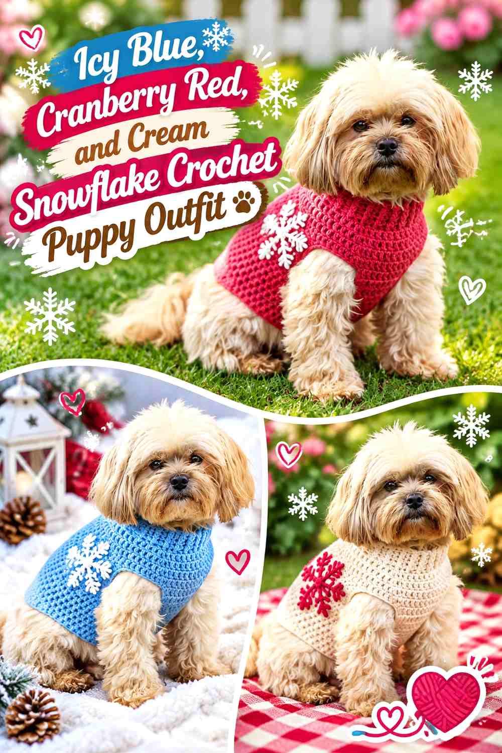 Icy Blue, Cranberry Red, and Cream Snowflake Crochet Puppy Outfit
