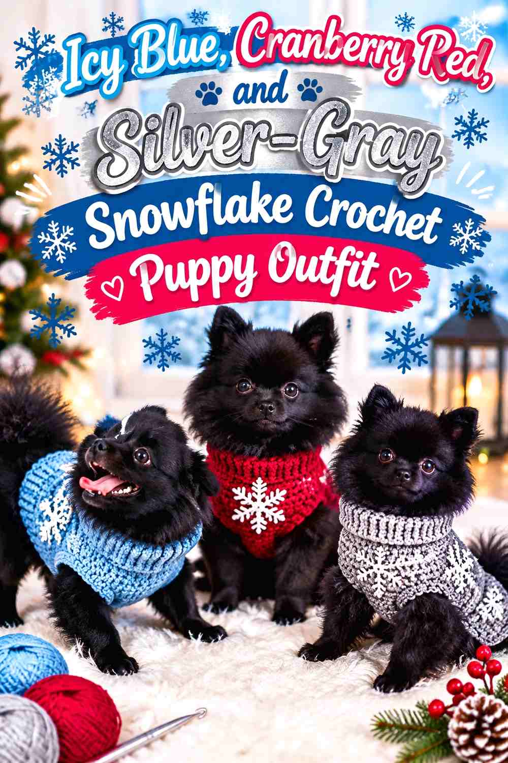 Icy Blue, Cranberry Red, and Silver-Gray Snowflake Crochet Puppy Outfit