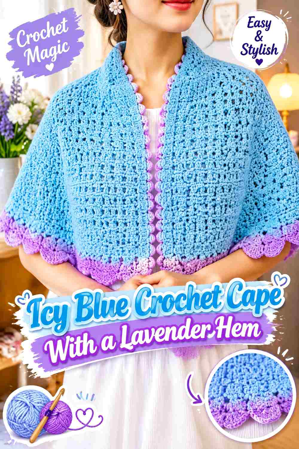 12. Icy Blue Crochet Cape With A Lavender Hem