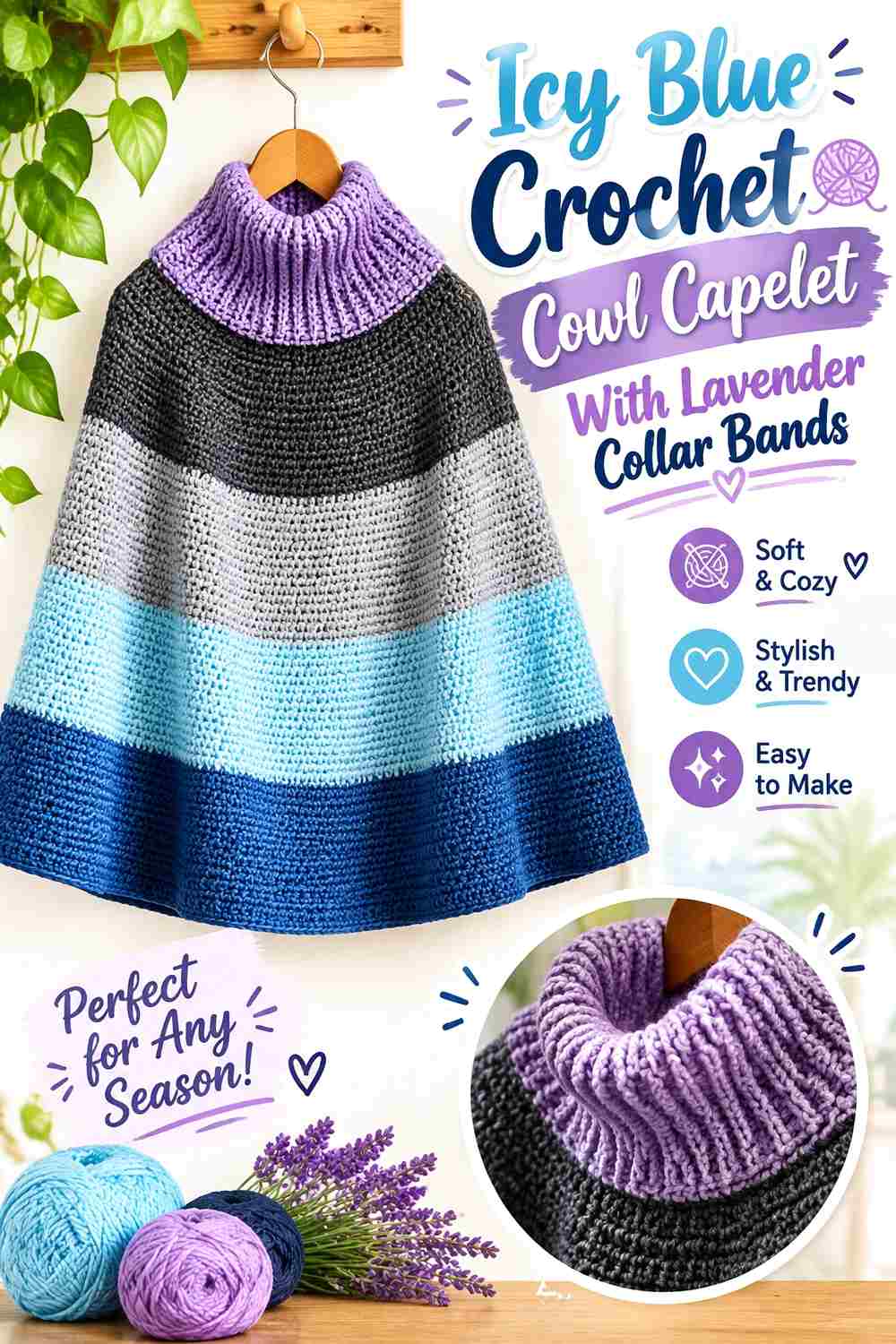 6. Icy Blue Crochet Cowl Capelet With Lavender Collar Bands