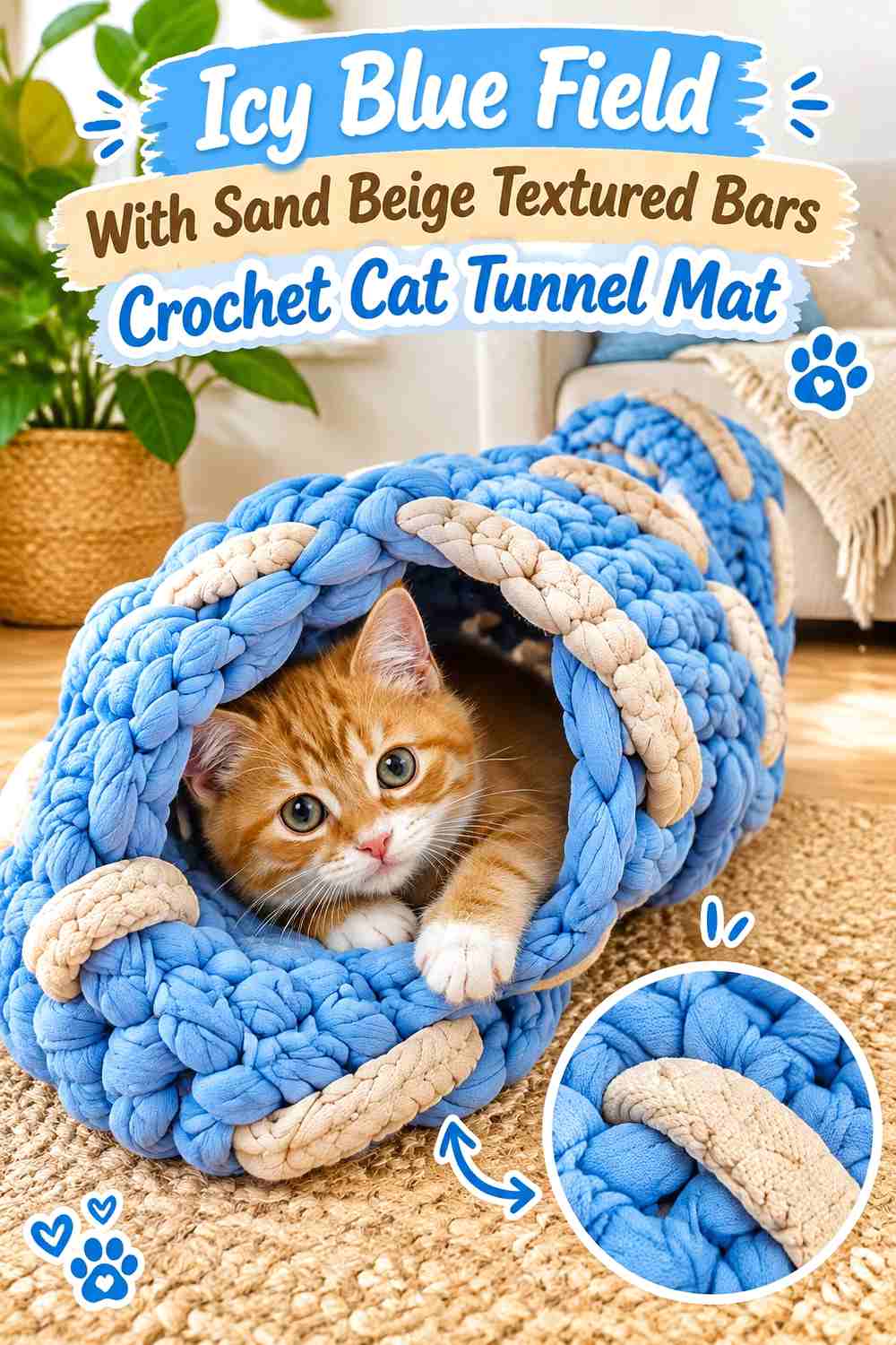 Icy Blue Field With Sand Beige Textured Bars Crochet Cat Tunnel Mat