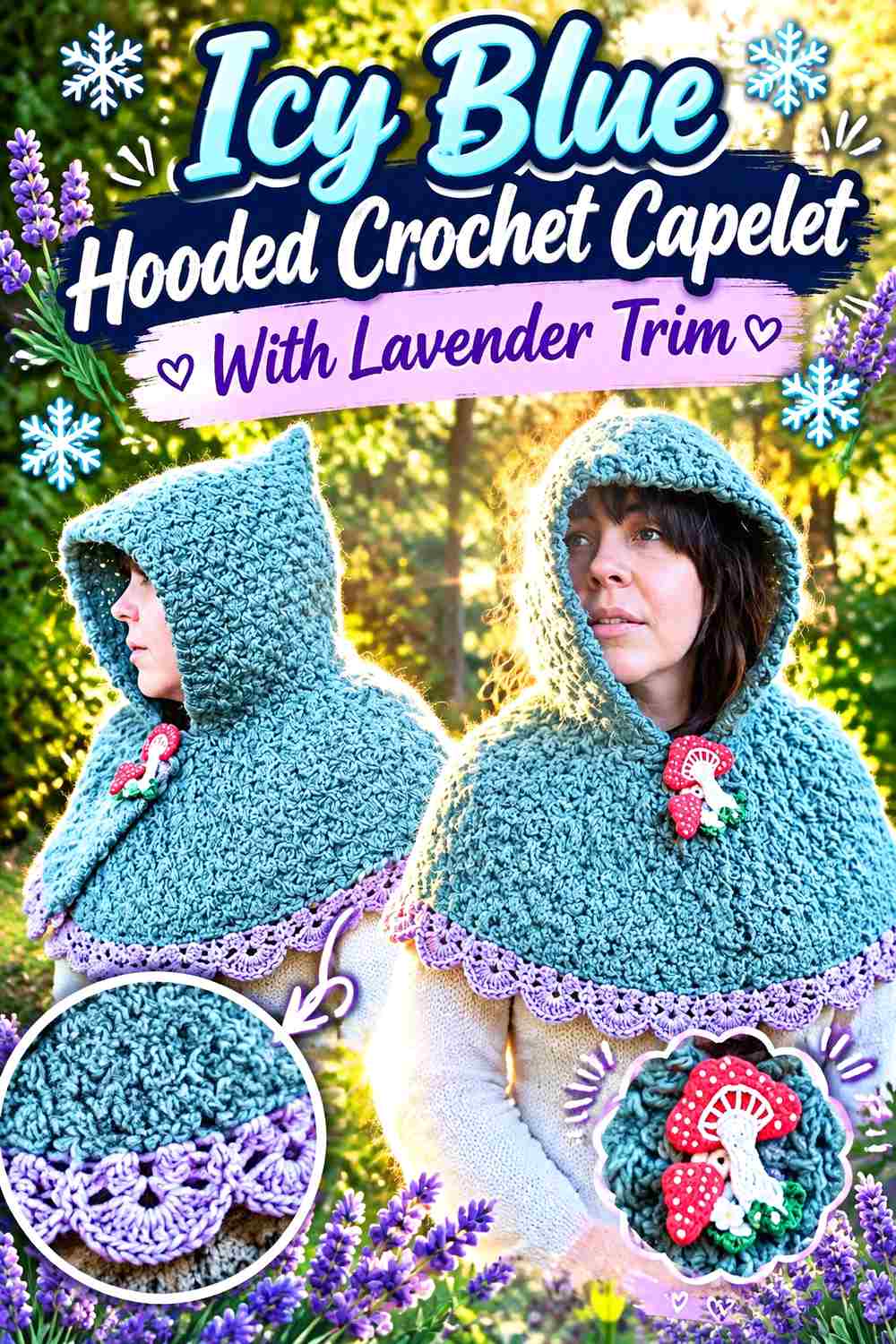 15. Icy Blue Hooded Crochet Capelet With Lavender Trim