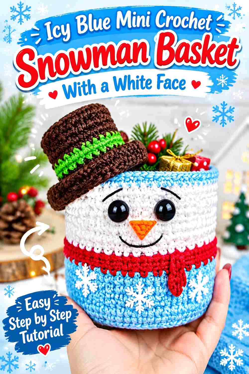 2. Icy Blue Mini Crochet Snowman Basket With A White Face