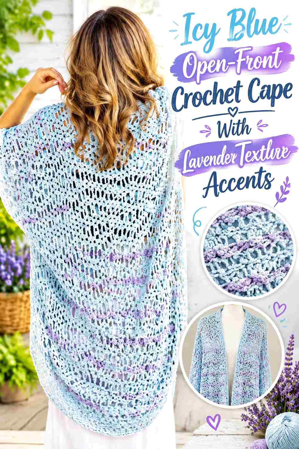 8. Icy Blue Open Front Crochet Cape With Lavender Texture Accents