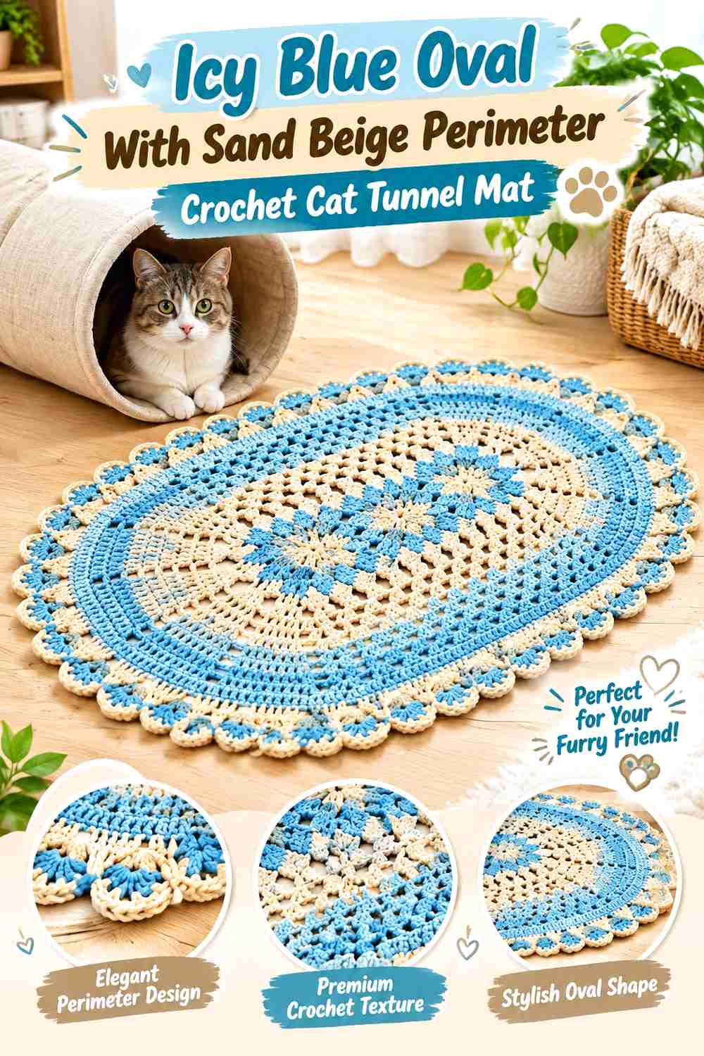 Icy Blue Oval With Sand Beige Perimeter Crochet Cat Tunnel Mat