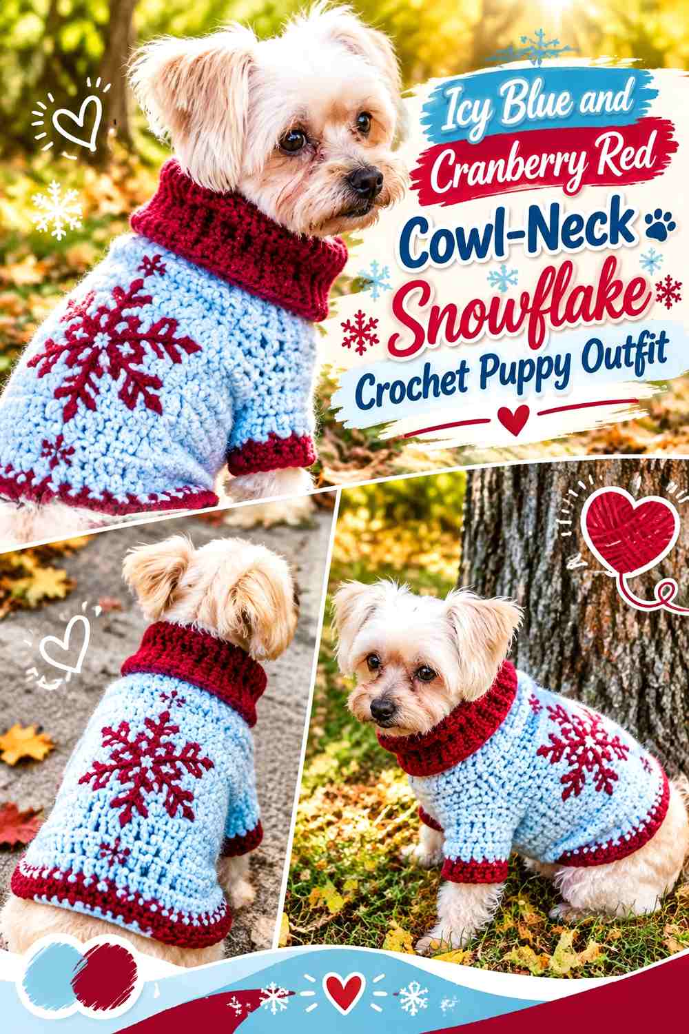 Icy Blue and Cranberry Red Cowl-Neck Snowflake Crochet Puppy Outfit
