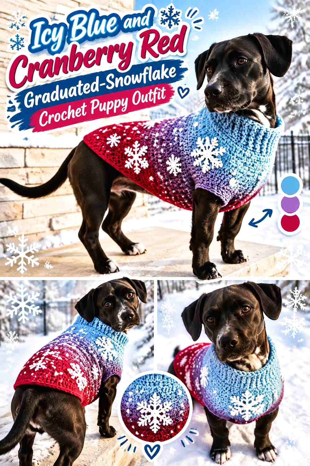 Icy Blue and Cranberry Red Graduated-Snowflake Crochet Puppy Outfit