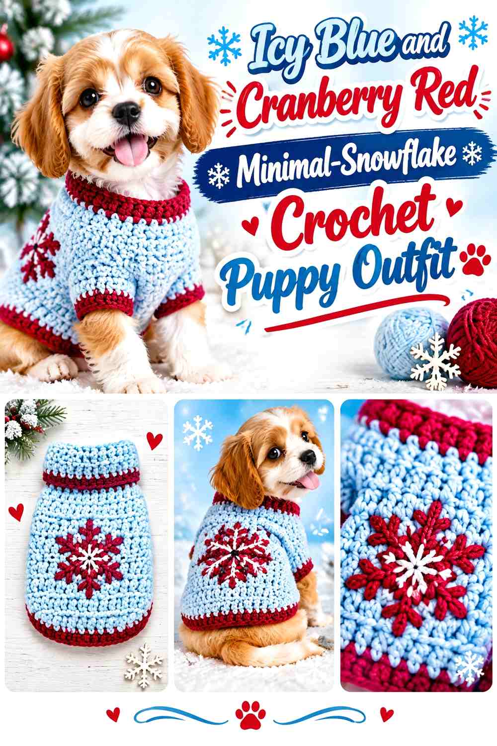 Icy Blue and Cranberry Red Minimal-Snowflake Crochet Puppy Outfit