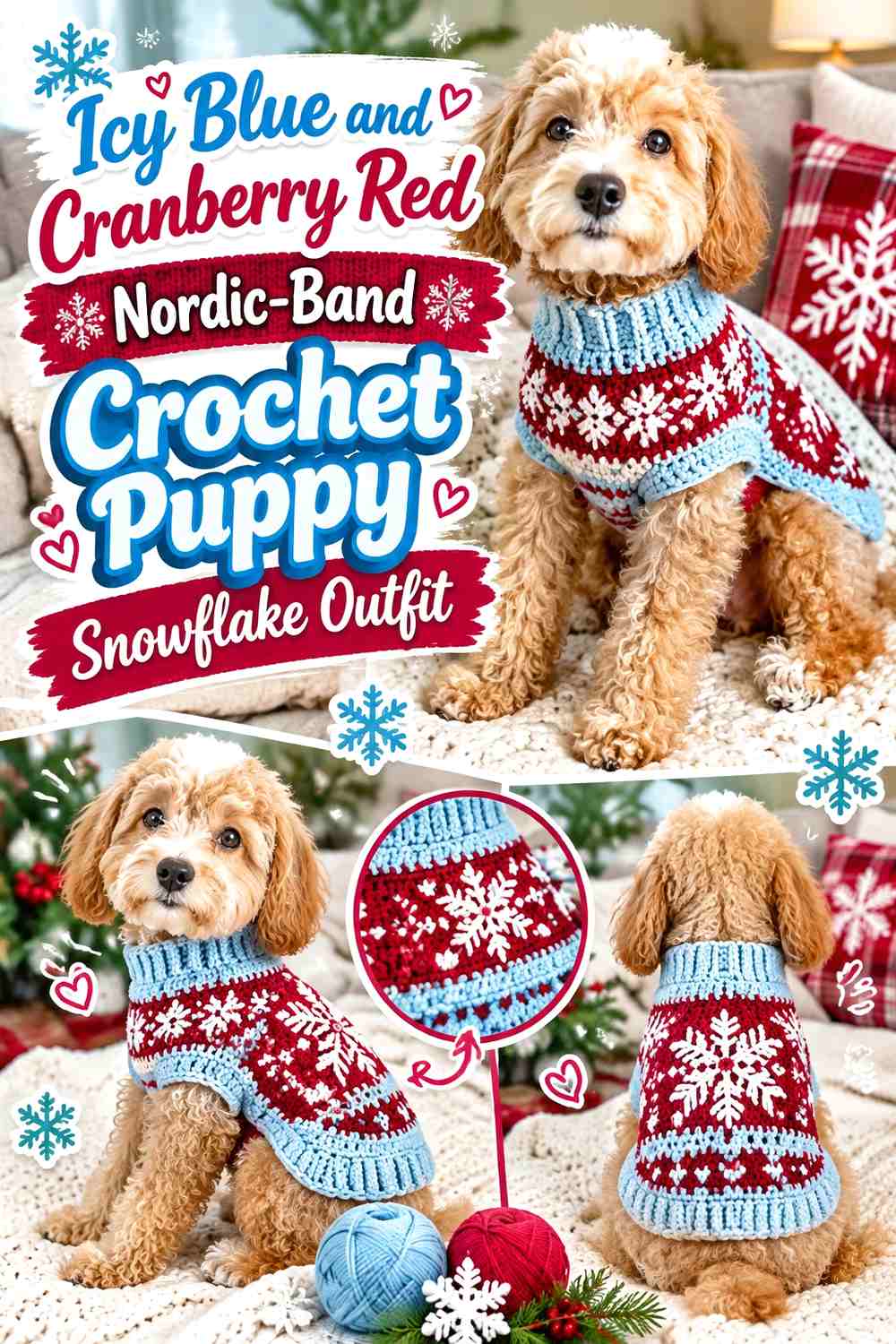 Icy Blue and Cranberry Red Nordic-Band Crochet Puppy Snowflake Outfit