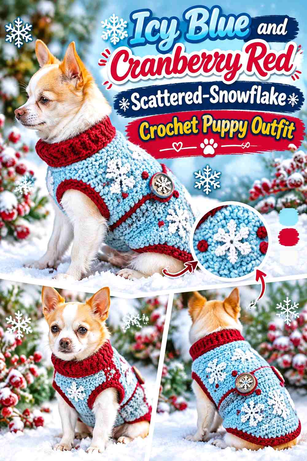 Icy Blue and Cranberry Red Scattered-Snowflake Crochet Puppy Outfit