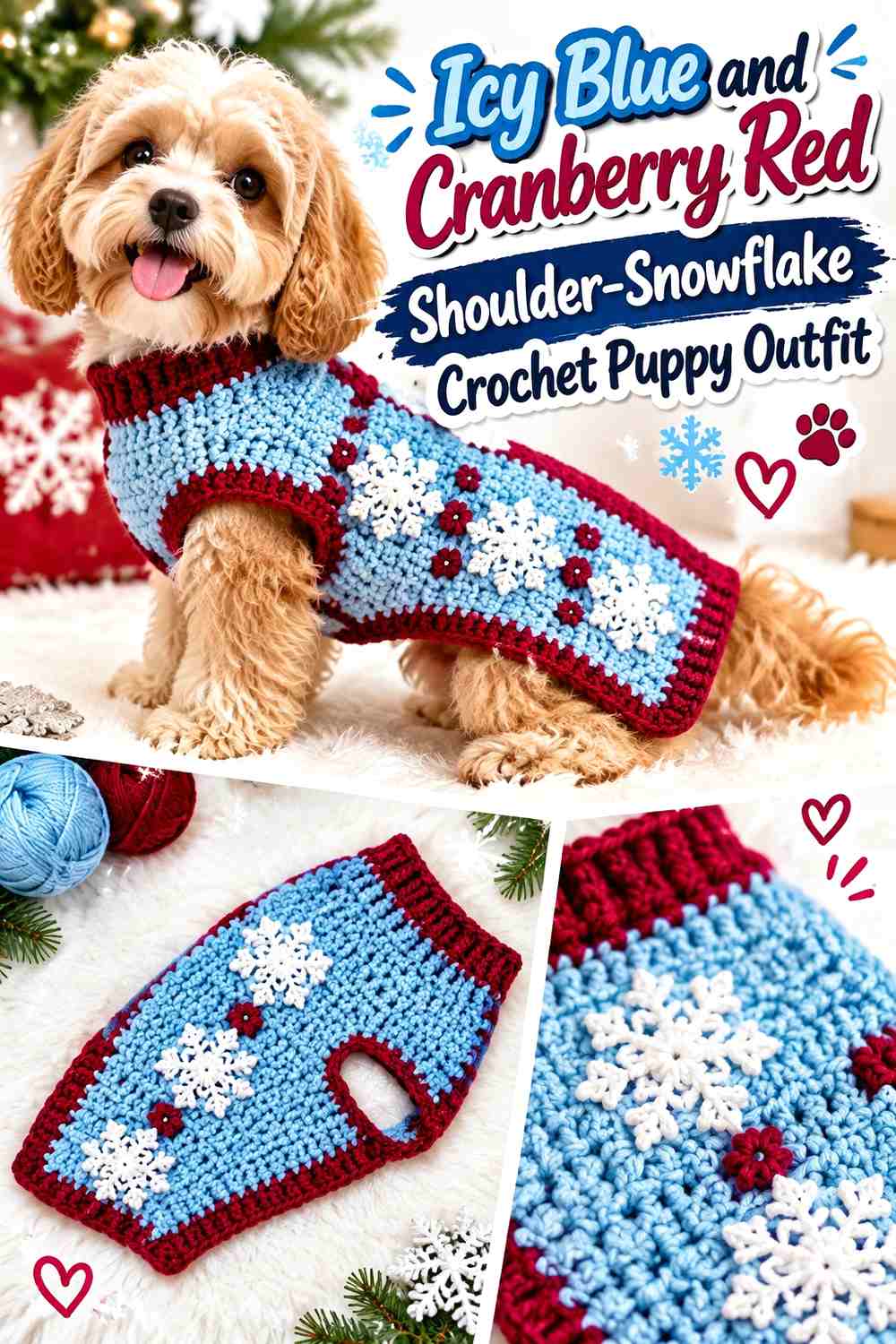 Icy Blue and Cranberry Red Shoulder-Snowflake Crochet Puppy Outfit