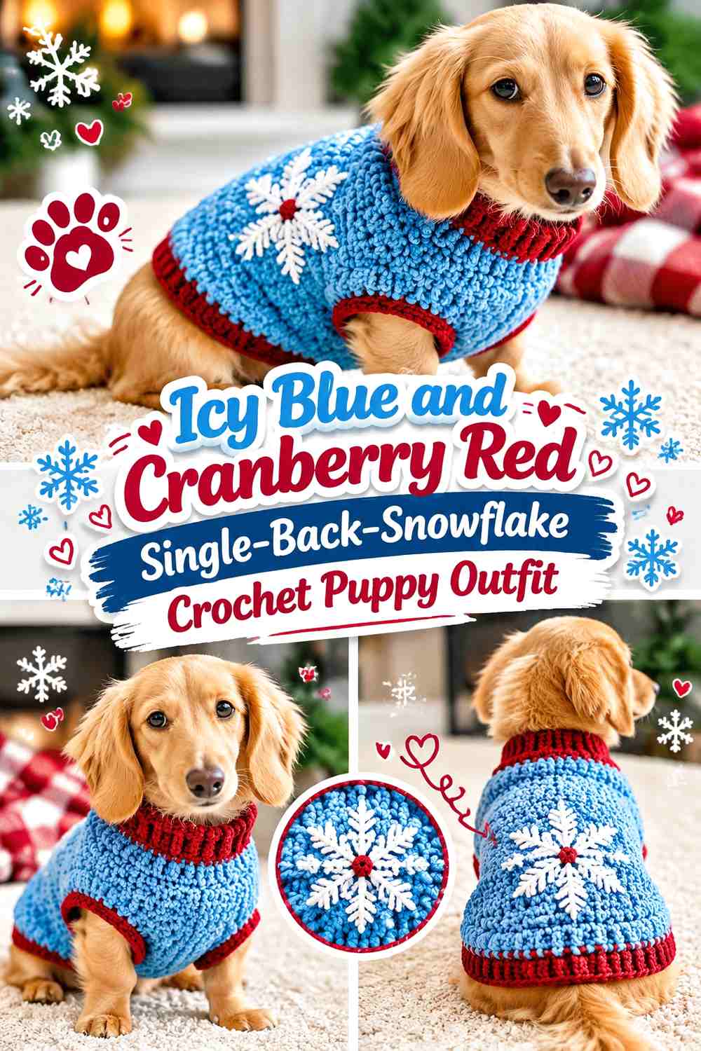 Icy Blue and Cranberry Red Single-Back-Snowflake Crochet Puppy Outfit