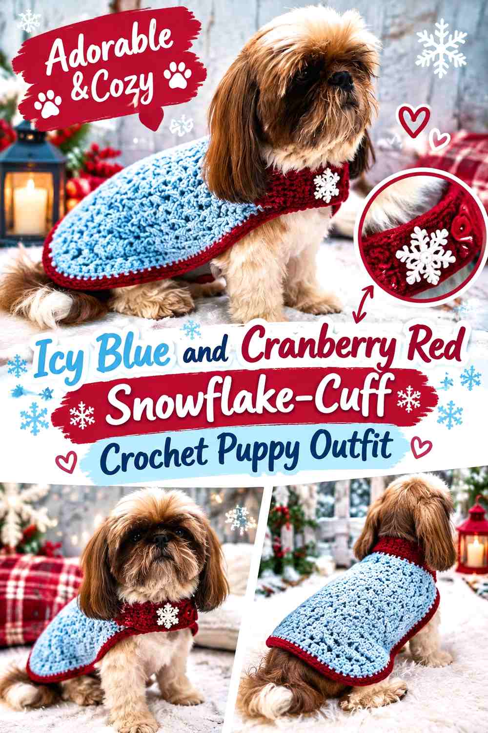 Icy Blue and Cranberry Red Snowflake-Cuff Crochet Puppy Outfit