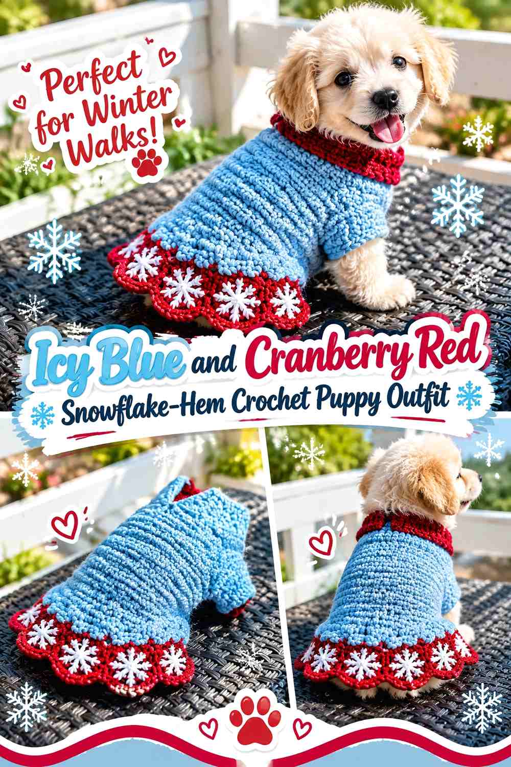 Icy Blue and Cranberry Red Snowflake-Hem Crochet Puppy Outfit