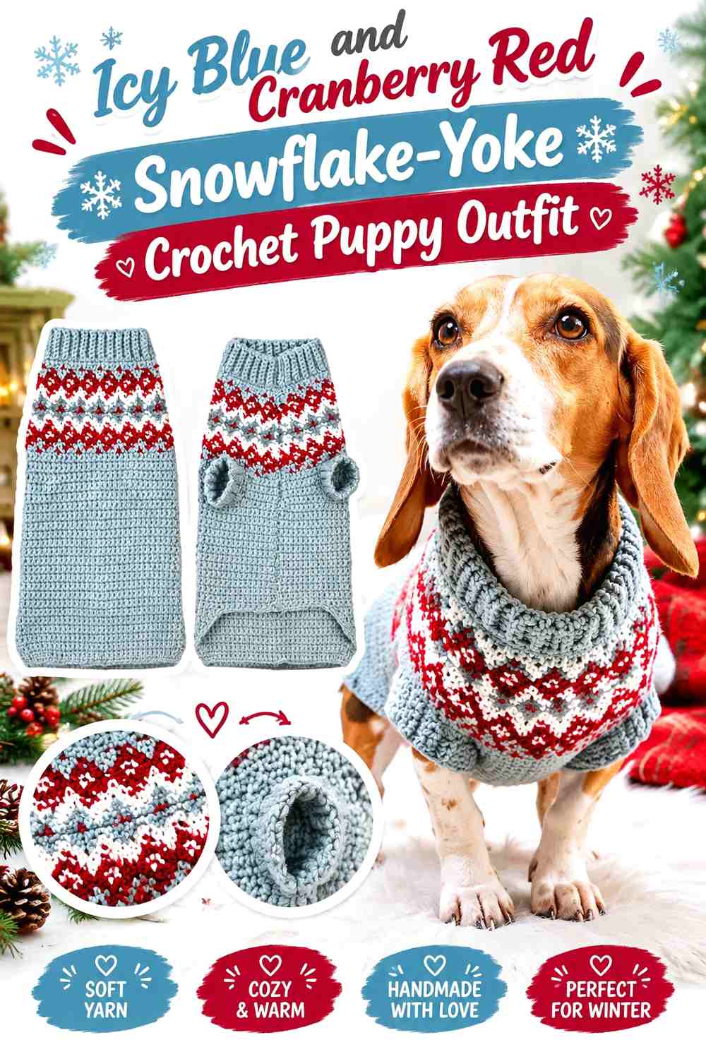 Icy Blue and Cranberry Red Snowflake-Yoke Crochet Puppy Outfit